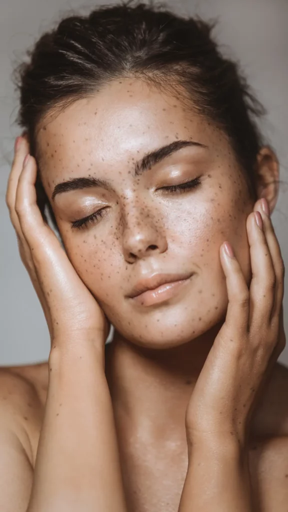 Woman with natural makeup resting her hands gently against her face