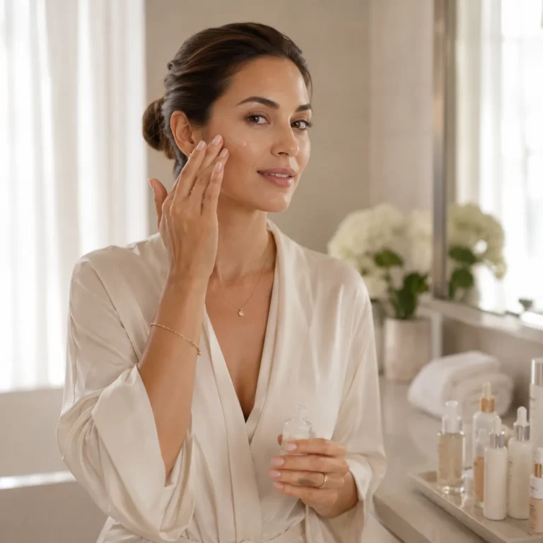 Woman applying facial serum during a skincare routine in a bright modern bathroom