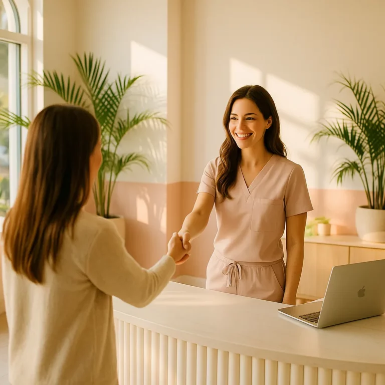 Smiling med spa receptionist in blush scrubs shaking hands with client across sunlit reception desk, laptop and potted palms in background