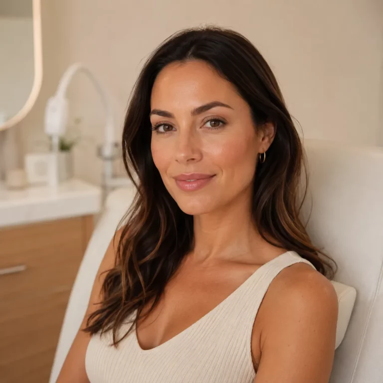 Woman with natural makeup and long dark hair seated in a modern aesthetic clinic treatment room, smiling at the camera