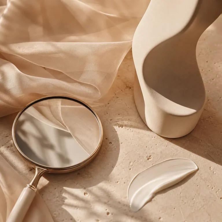 Minimalist skincare still life with beige silk fabric, round mirror, cream smear, and sculptural bottle on stone surface