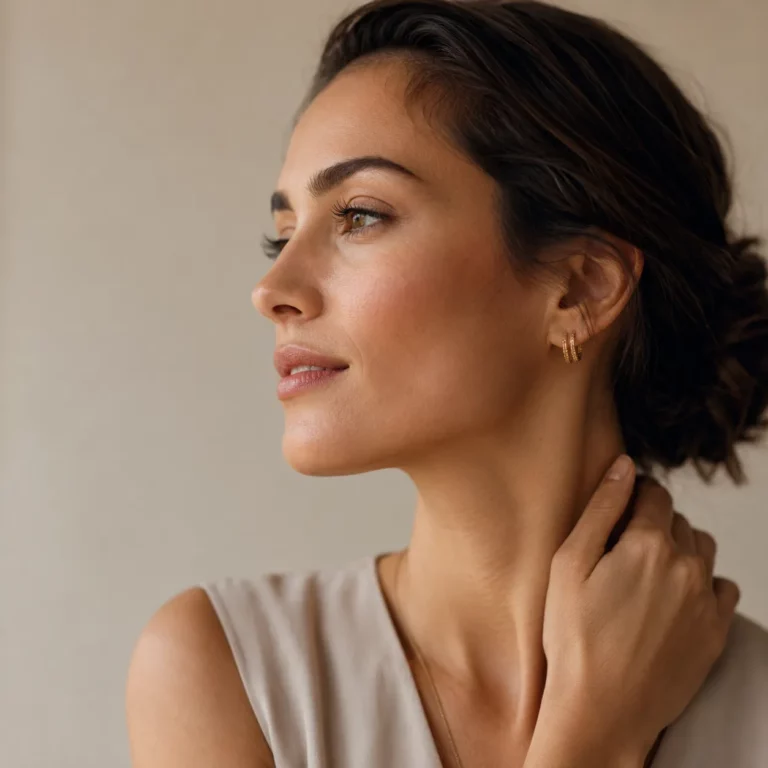 Close-up side profile portrait of woman wearing small gold hoop earrings with natural makeup and soft lighting