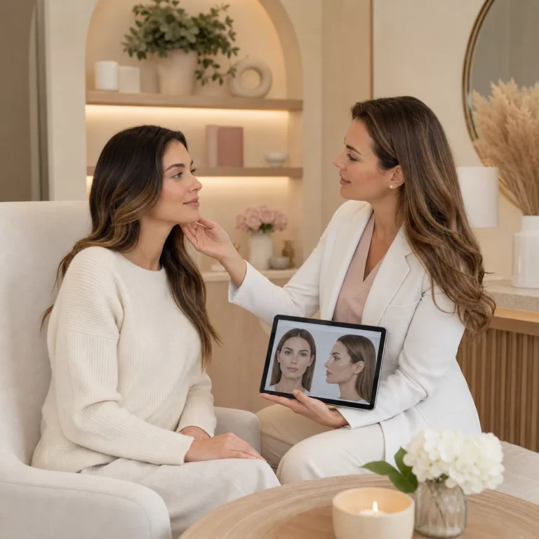 Aesthetic consultation with a woman examining a client’s face while holding a tablet displaying facial analysis images in a modern, softly lit clinic setting