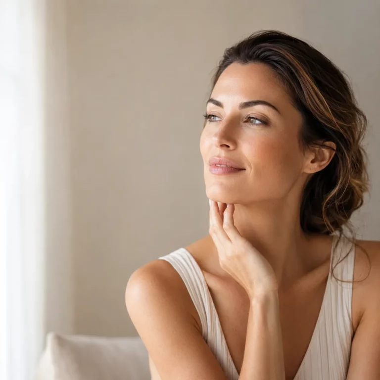 Woman with glowing skin gently touching her neck in a natural beauty and skincare portrait indoors