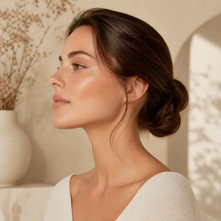 Side profile of a woman with smooth glowing skin and natural makeup, hair styled in a low bun, set against a soft neutral background with minimal decor