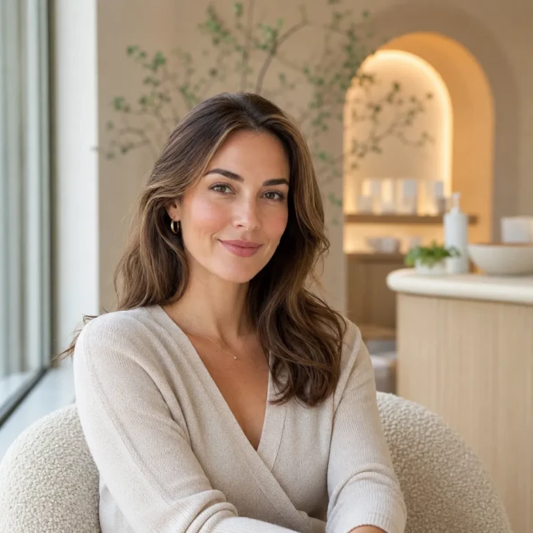 Smiling woman with healthy glowing skin seated in a modern spa or wellness clinic interior