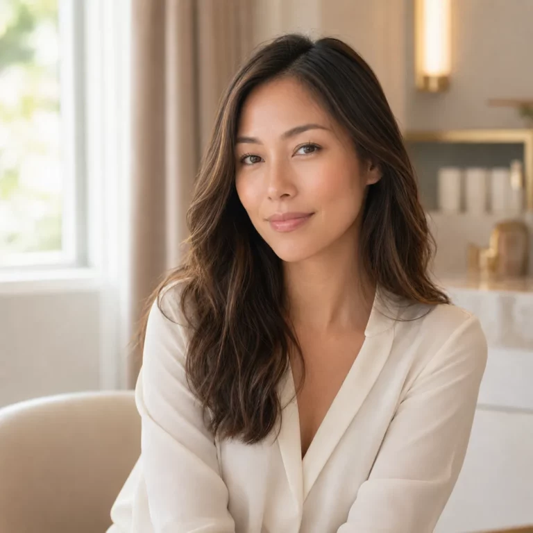 Portrait of a smiling woman with long dark hair wearing a white blouse indoors with soft natural light