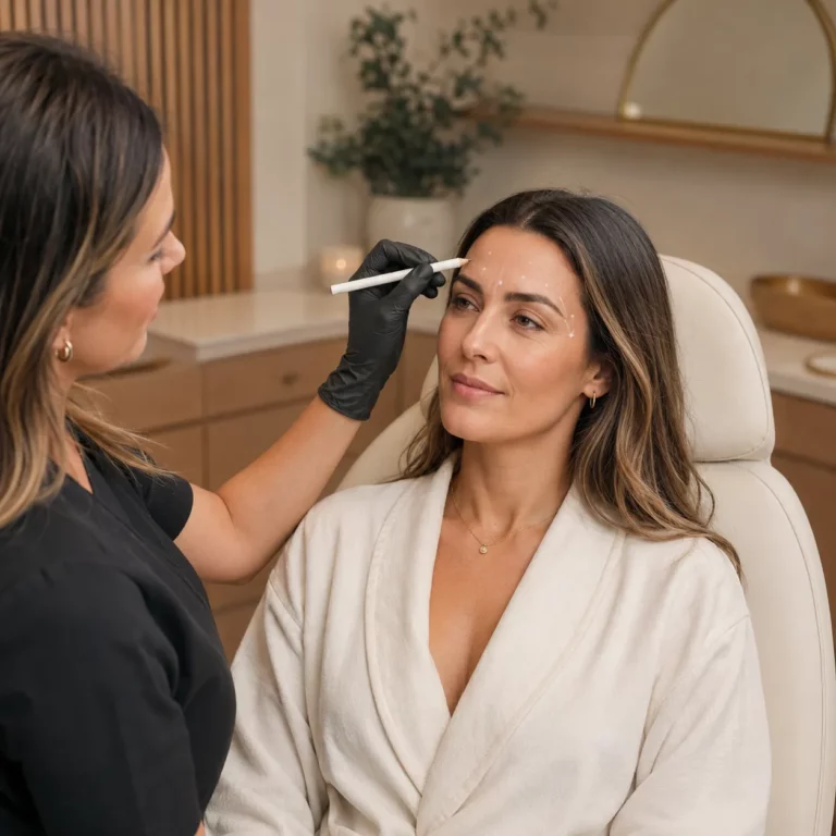 Aesthetic practitioner marking treatment areas on a woman's forehead during a cosmetic consultation in a luxury clinic