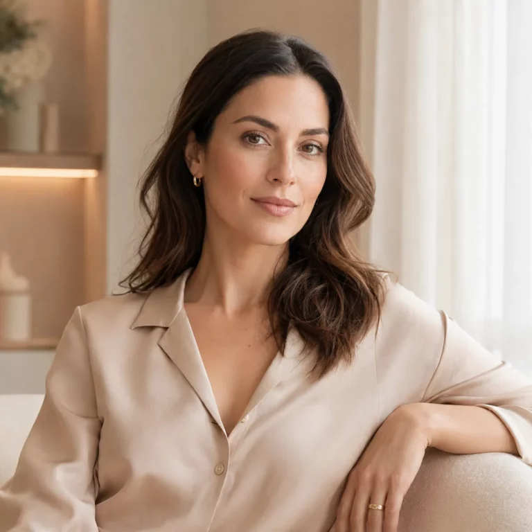 Woman with healthy glowing skin sitting indoors in a natural beauty and skincare portrait