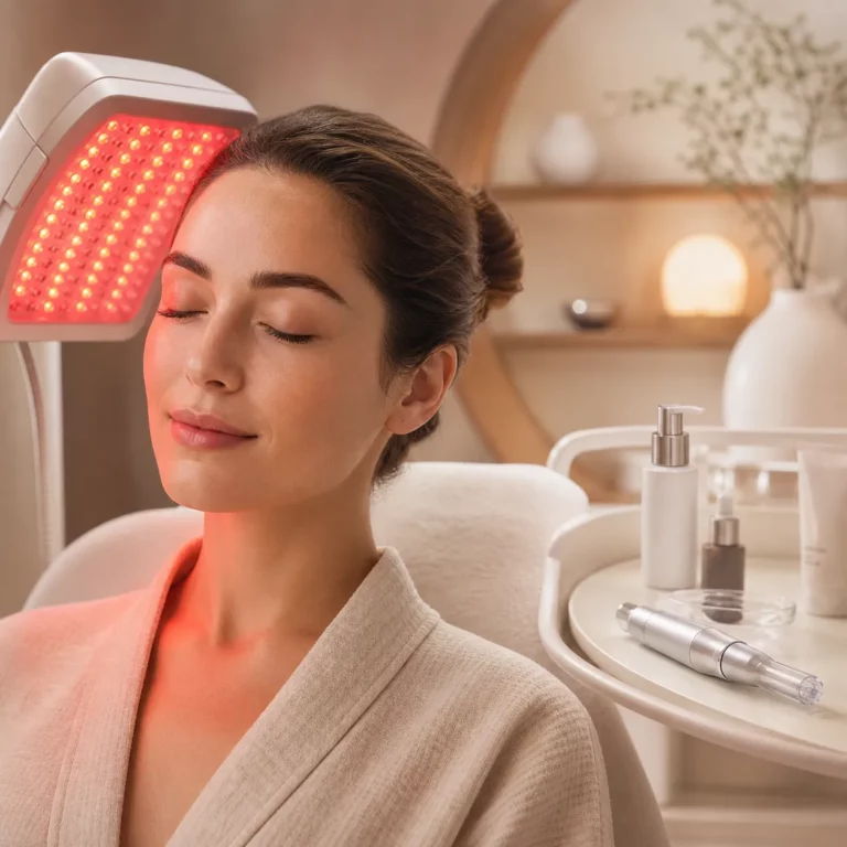 Woman receiving red LED light therapy facial treatment in a spa setting with skincare products nearby