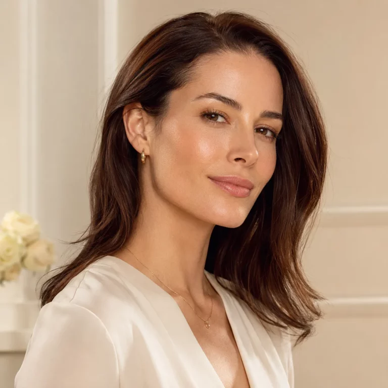 Close-up portrait of a woman with radiant skin and natural makeup in a soft indoor beauty setting