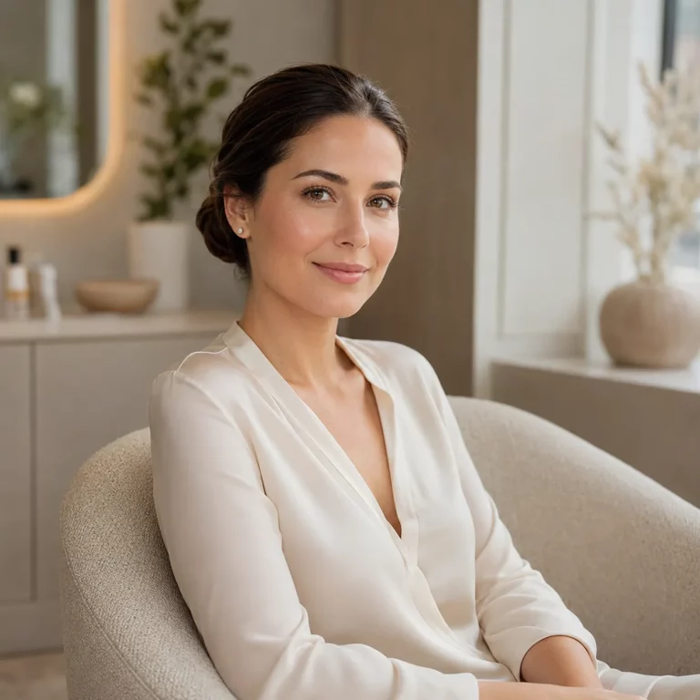 Woman with radiant skin sitting in a modern spa-inspired interior for a natural beauty portrait