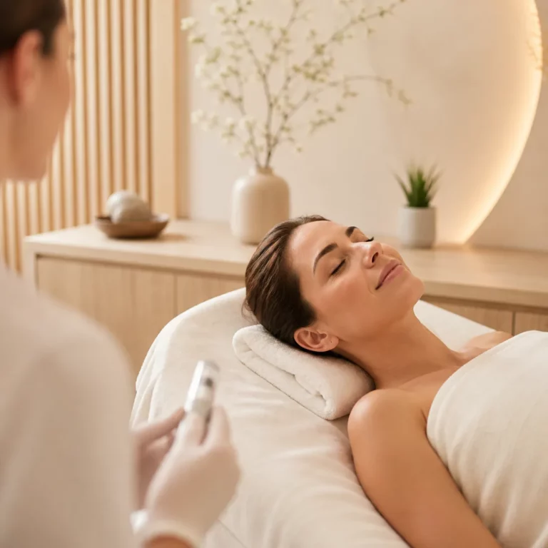 Woman relaxing on a spa treatment bed with eyes closed while a practitioner prepares a skincare device in a calm, modern wellness setting