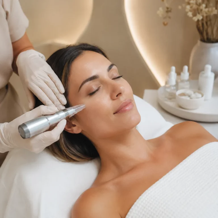 A client lies on a treatment bed while a gloved aesthetic provider uses a handheld device near her cheek in a spa setting.
