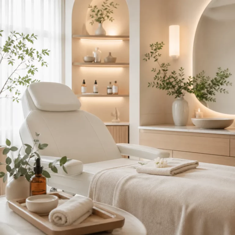 Minimalist spa treatment room with a cushioned massage chair, folded towels, skincare products, and soft ambient lighting with natural decor