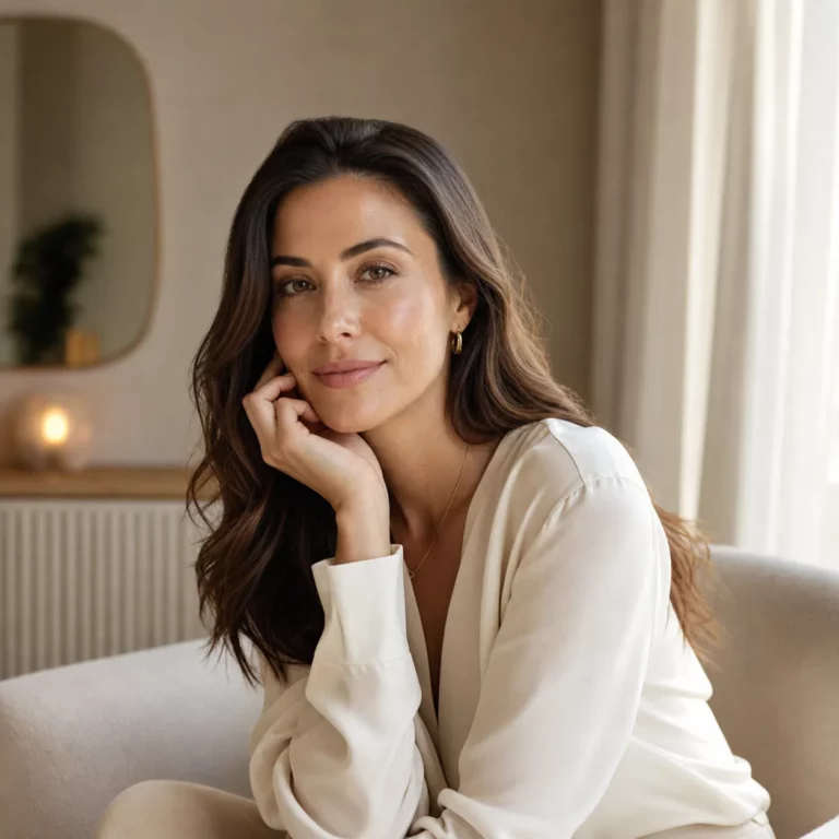 Portrait of woman with glowing skin sitting indoors, resting chin on hand in soft natural light, showcasing natural beauty and skincare results