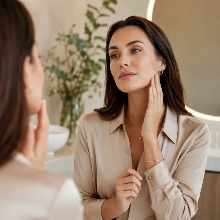Woman checking her skin in a bathroom mirror during a skincare routine