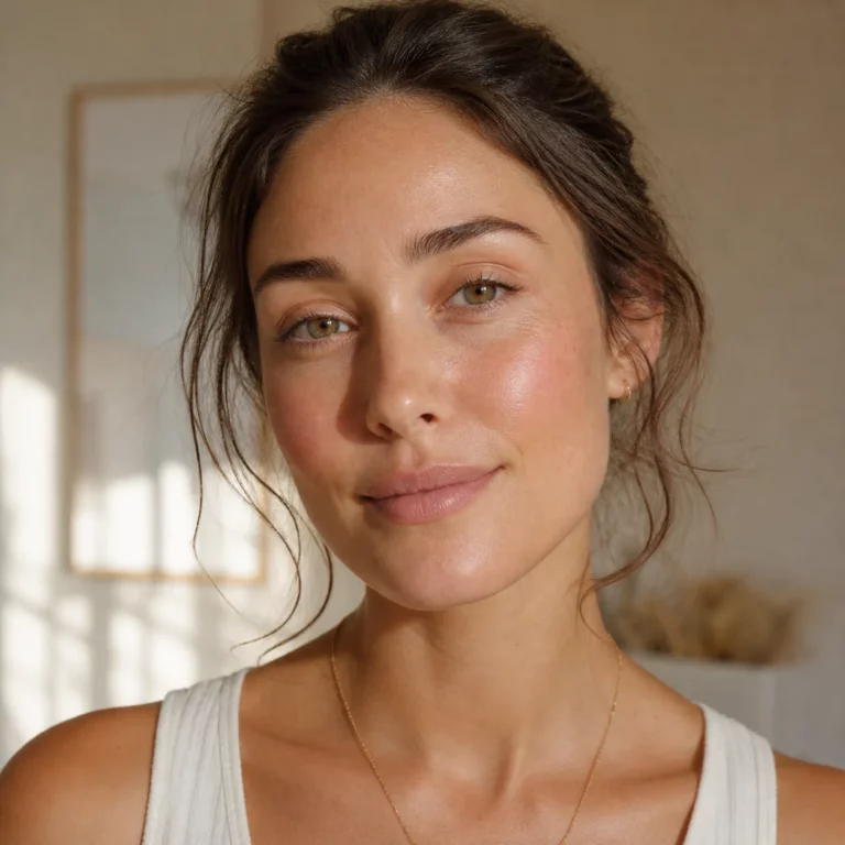 Close-up of woman with glowing natural skin and minimal makeup in soft natural light, showcasing skincare results