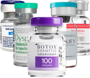 Bottles of various botulinum toxin brands, including Botox, Dysport, Xeomin, Jeuveau, and Daxxify, arranged together in a group. Each vial is labeled with its respective brand name and dosage information, with Botox prominently displayed in the center.