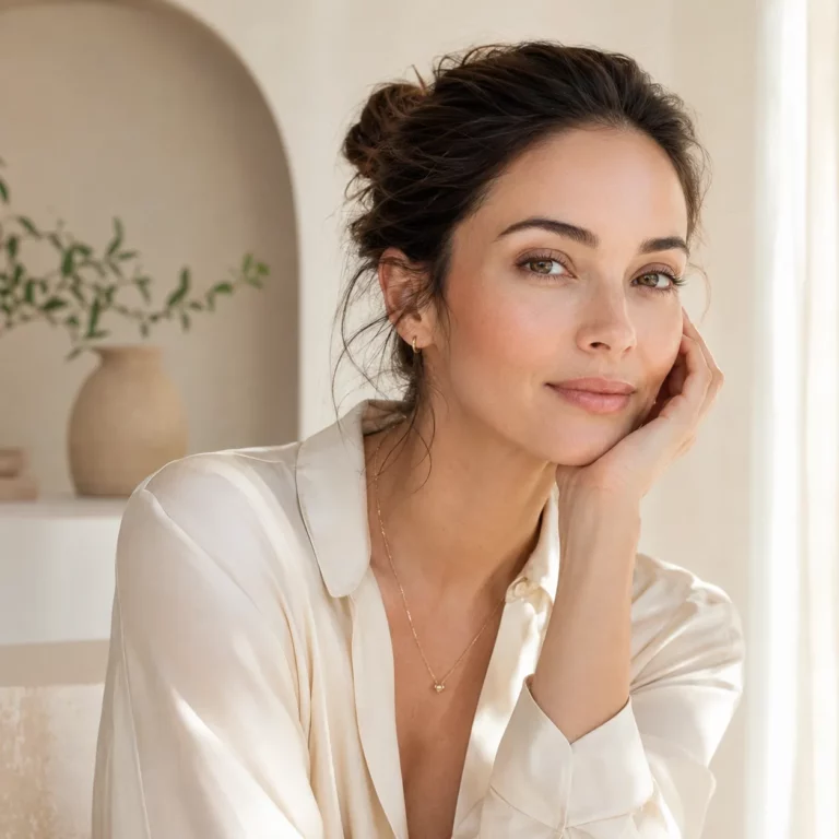 Woman with glowing skin resting her face on her hand in a bright skincare portrait