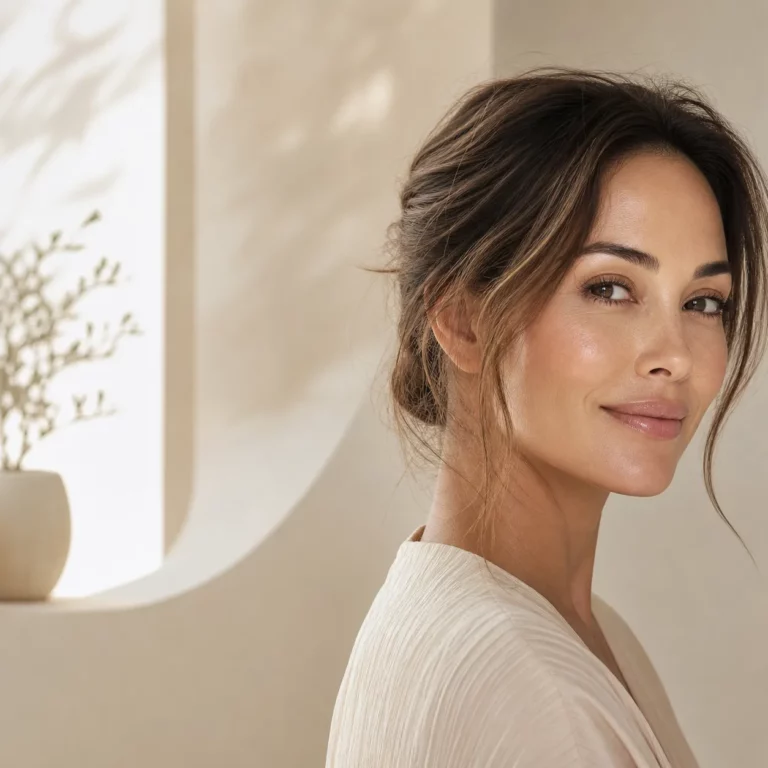 Portrait of a smiling woman with glowing skin and natural makeup, hair in a loose updo, in a soft neutral interior with warm natural light