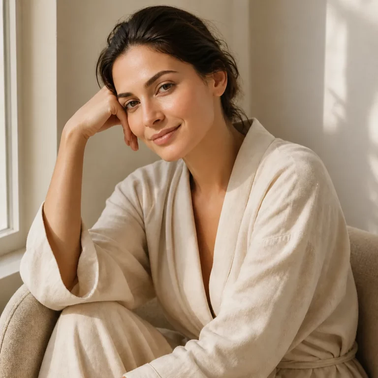 Woman with natural glowing skin in beige loungewear sitting by window in soft sunlight, relaxed beauty portrait showcasing skincare results