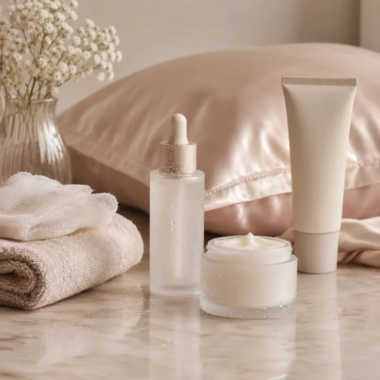 Minimalist skincare products with serum dropper, cream jar, and lotion tube beside soft towels and satin pillow in neutral spa setting