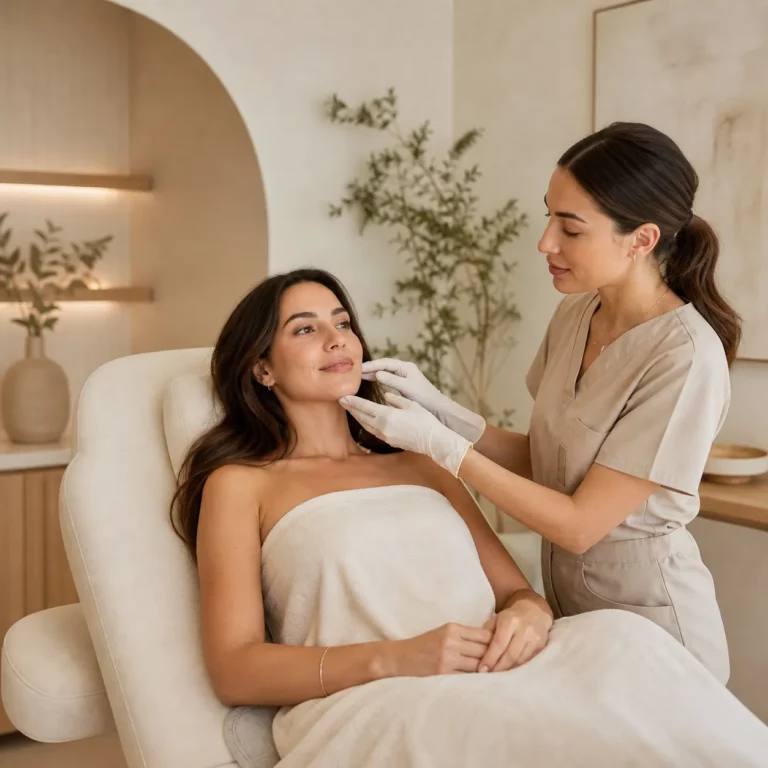 Aesthetician performing facial assessment on relaxed woman lying in spa chair with soft neutral interior decor