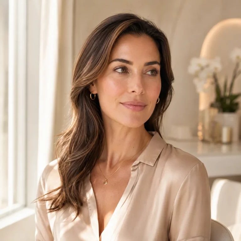 Elegant woman with radiant skin in a softly lit luxury spa or skincare clinic setting