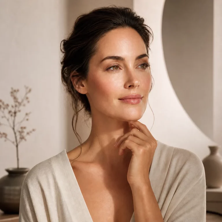 Close-up portrait of a woman with radiant skin and soft natural makeup, gently touching her chin, with hair styled in a loose updo in a warm, minimalist setting