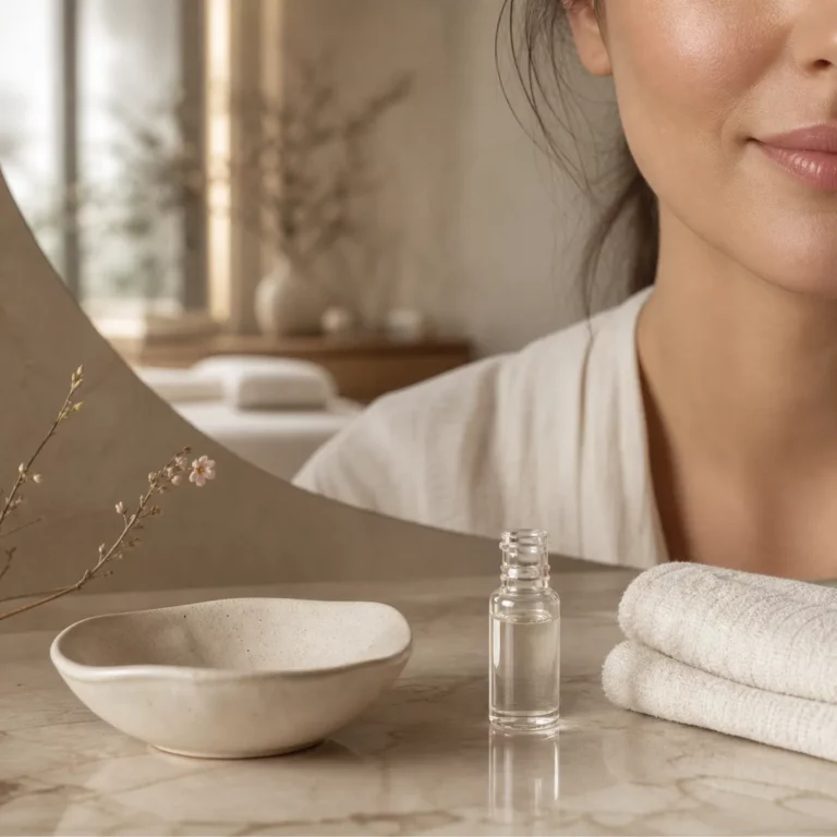 Close-up of a woman in a spa setting beside a serum bottle, folded towels, and a ceramic bowl.