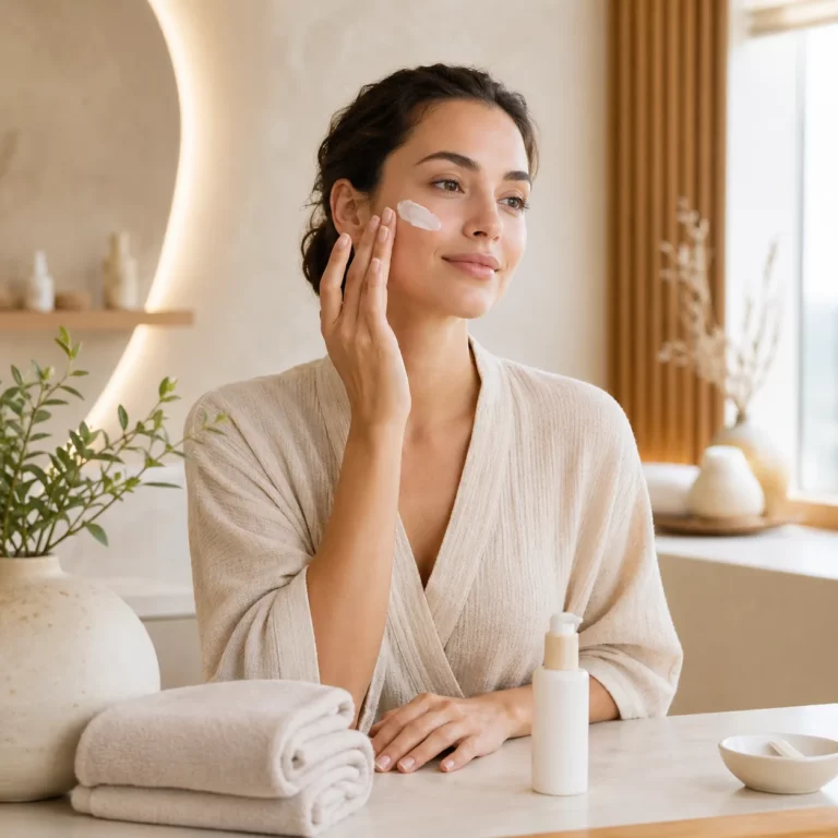 Woman applying facial cream in a serene, minimalist bathroom with natural light, skincare products, and soft neutral decor