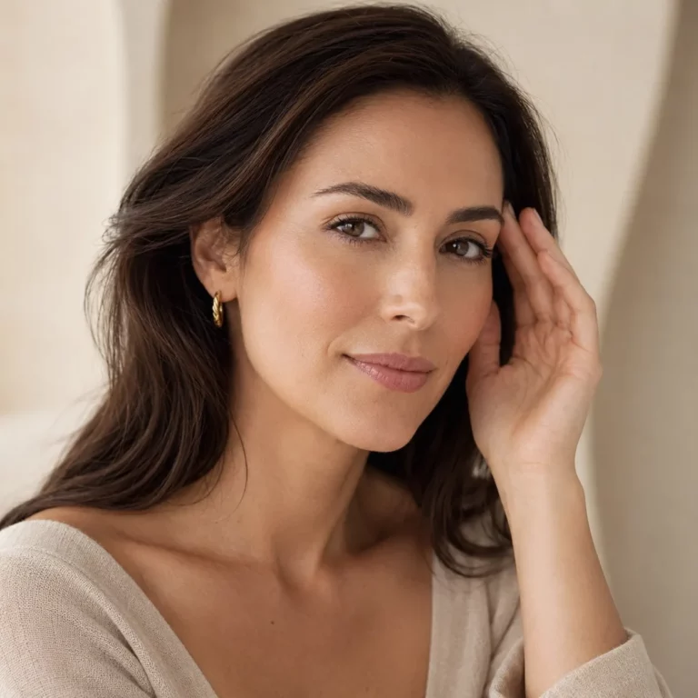 Close-up portrait of woman with natural makeup and gold hoop earrings in soft neutral lighting