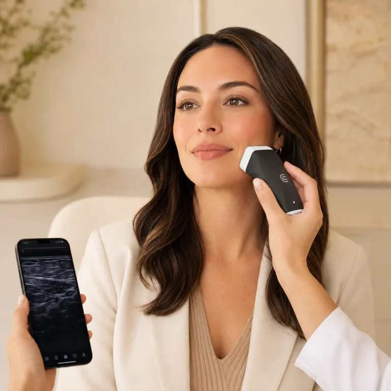 Woman in a bright clinic setting with a handheld device placed against her cheek while a smartphone displays an imaging screen.