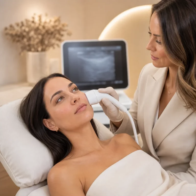 Woman receiving facial ultrasound skin treatment from esthetician in modern spa clinic with device and monitor in background