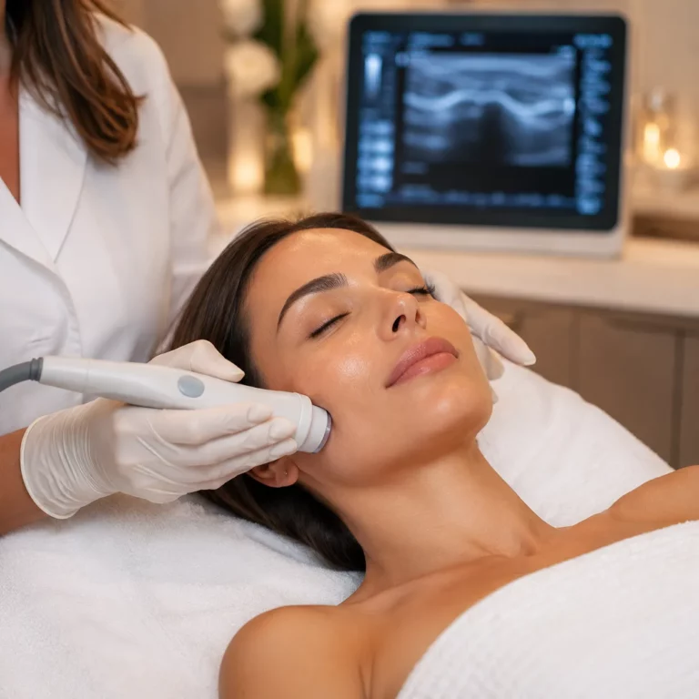 A gloved aesthetic provider uses a handheld device on a woman's cheek as she rests on a treatment bed, with a monitor in the background.