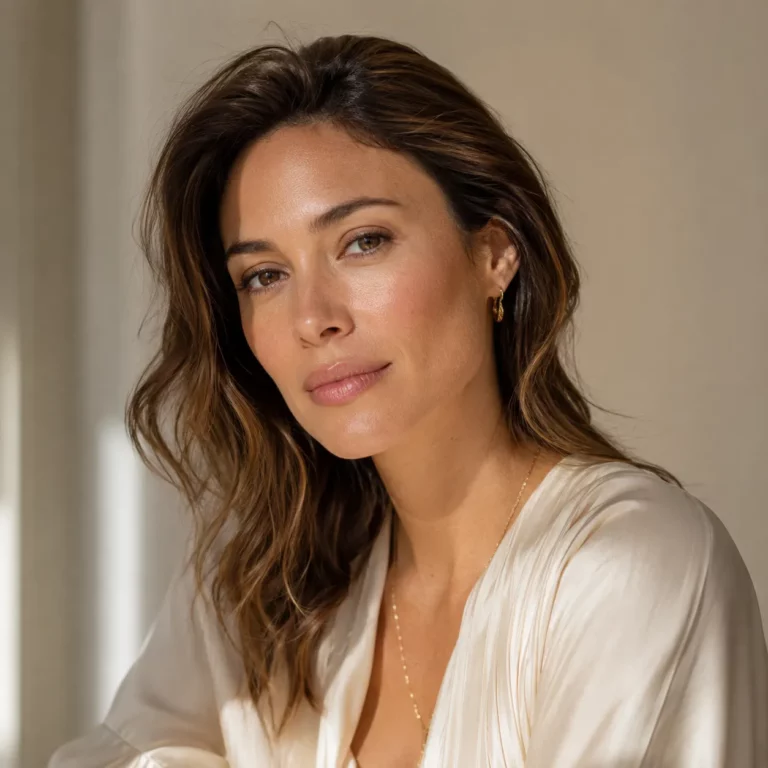 Portrait of a woman with wavy brown hair wearing a light cream blouse and gold jewelry against a neutral background.