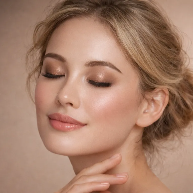 Close-up portrait of a woman with soft bronze eyeshadow and natural makeup, eyes closed and hand gently touching her chin against a neutral background
