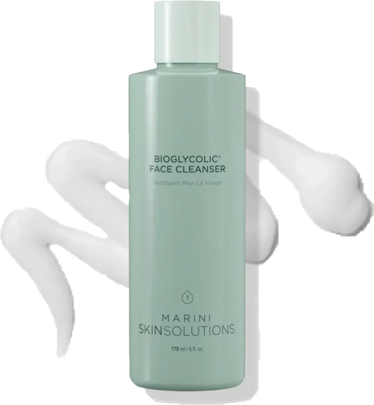 Mint green bottle labeled Bioglycolic Face Cleanser with white cleanser swirls in the background.