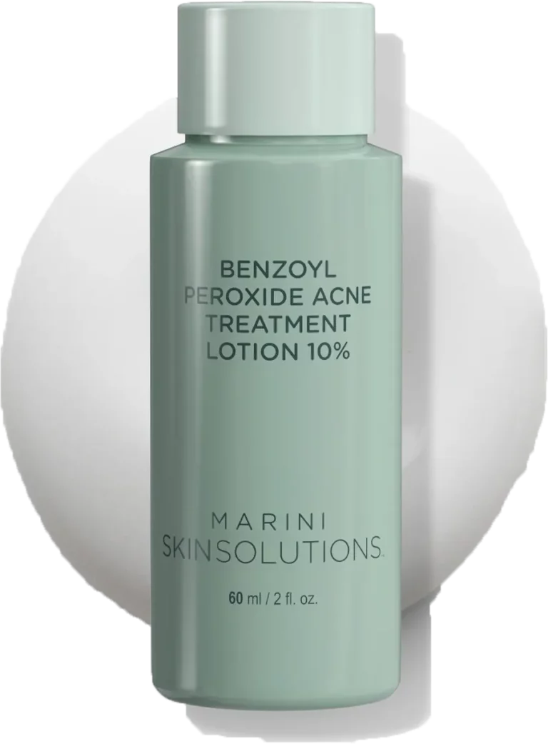 Mint green bottle labeled Benzoyl Peroxide Acne Treatment Lotion 10% by Marini SkinSolutions on a white background.