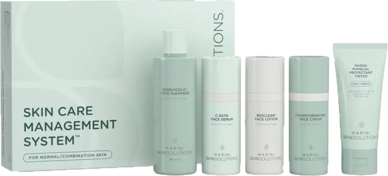 Boxed skin care management system with five light green and white bottles and tubes displayed in front.
