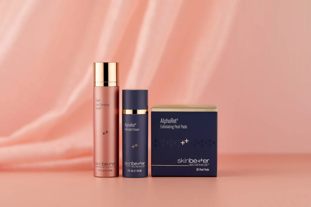 SkinBetter Science Even Glow Regimen product collection in pink organza.