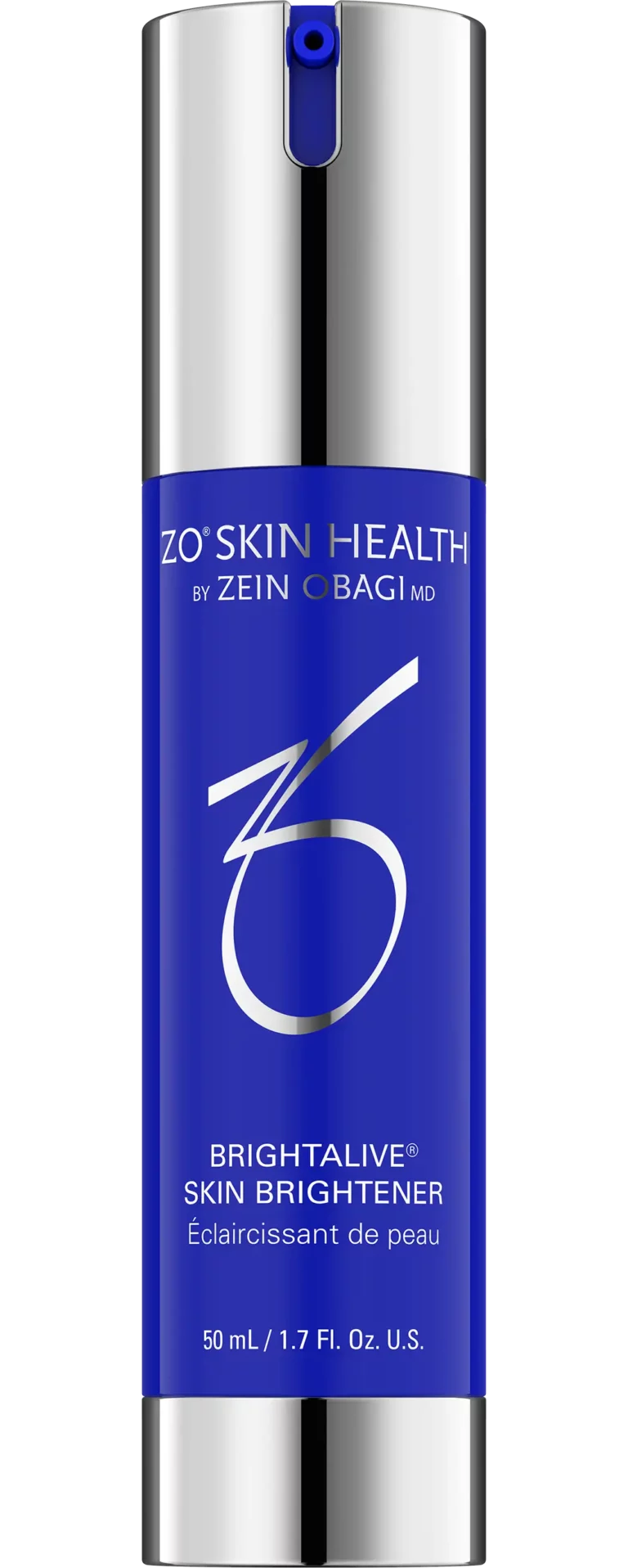 Blue and silver ZO Skin Health Brightalive Skin Brightener pump bottle.
