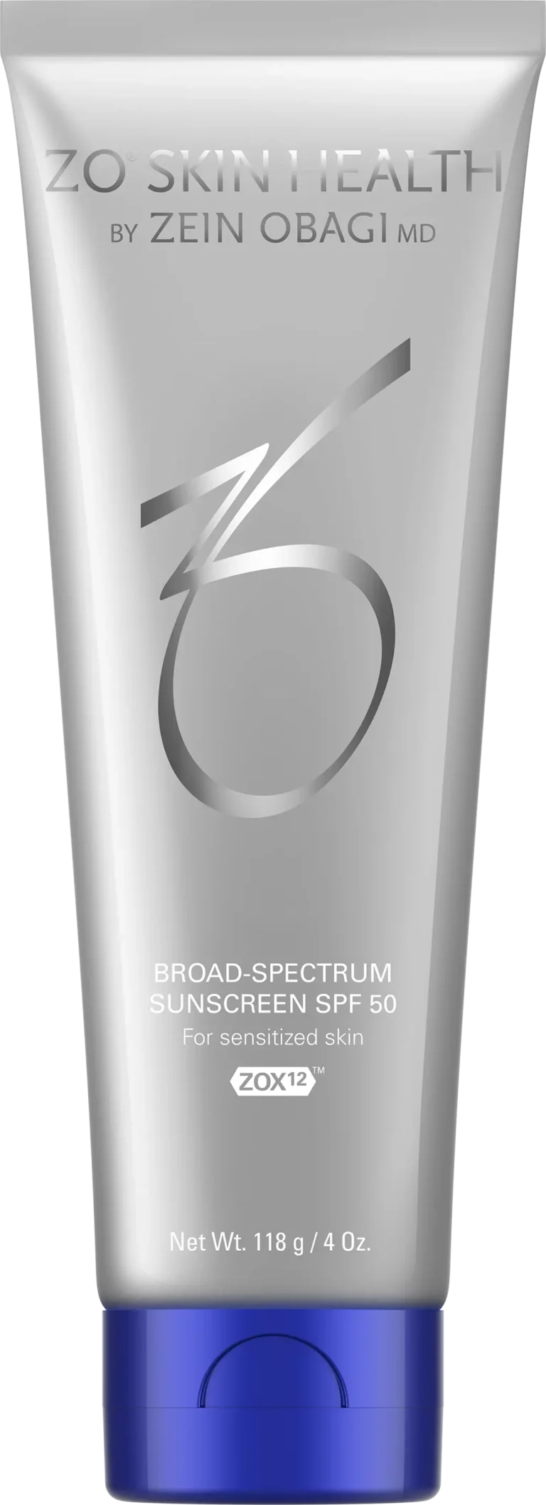 Silver and blue ZO Skin Health Daily Sheer Broad Spectrum SPF 50 tube.