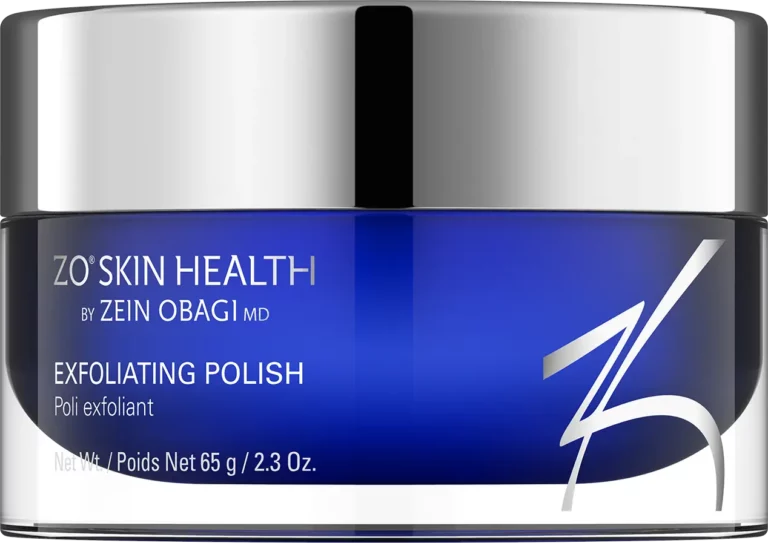 Blue and silver ZO Skin Health Exfoliating Polish jar.