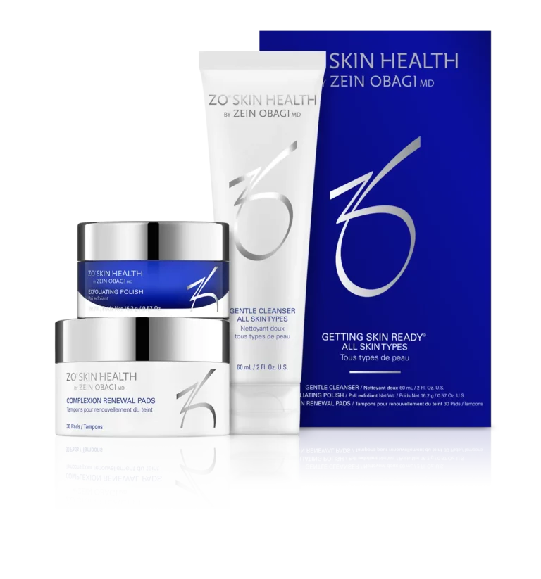 Collection of ZO Skin Health products in white, silver, and blue packaging.